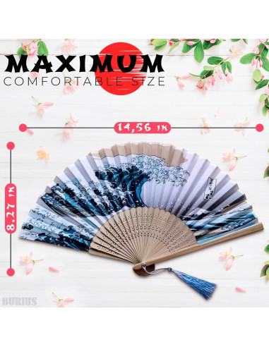 Abanico Plegable de Bambú y Seda BURIUS 20.8 cm Estilo Kanagawa