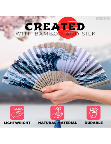 Abanico Plegable de Bambú y Seda BURIUS 20.8 cm Estilo Kanagawa
