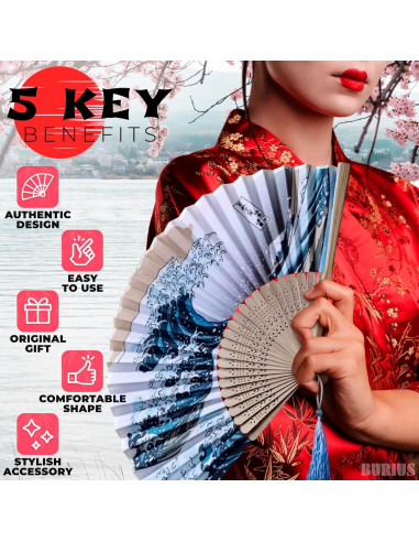 Abanico Plegable de Bambú y Seda BURIUS 20.8 cm Estilo Kanagawa