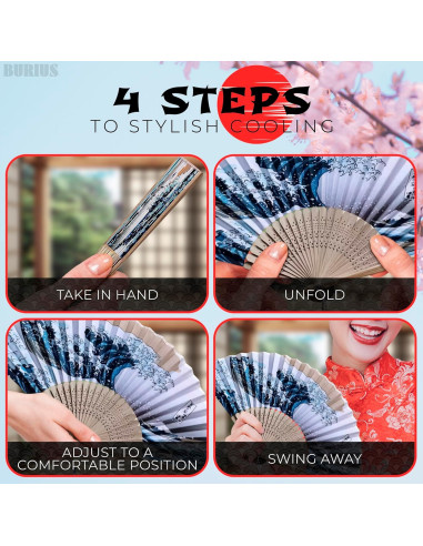 Abanico Plegable de Bambú y Seda BURIUS 20.8 cm Estilo Kanagawa