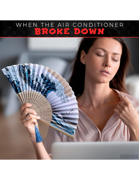 Abanico Plegable de Bambú y Seda BURIUS 20.8 cm Estilo Kanagawa