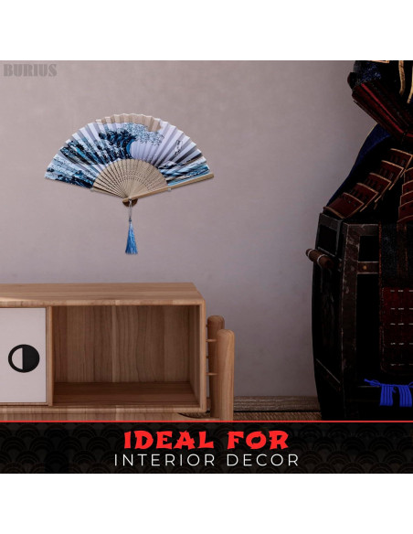 Abanico Plegable de Bambú y Seda BURIUS 20.8 cm Estilo Kanagawa