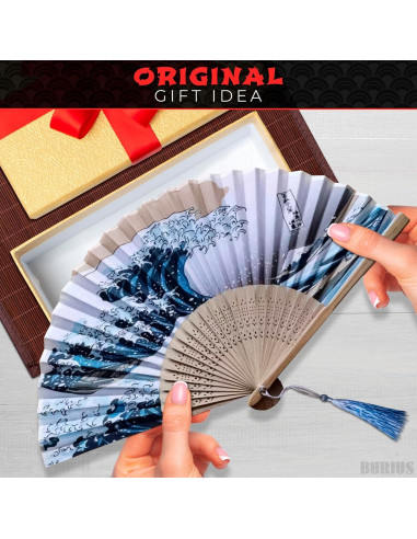 Abanico Plegable de Bambú y Seda BURIUS 20.8 cm Estilo Kanagawa
