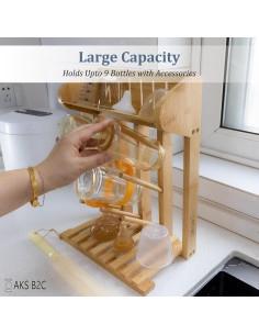 Secador de Botellas de Bebé AKS B2C de Bambú Natural, 9 Botellas 2