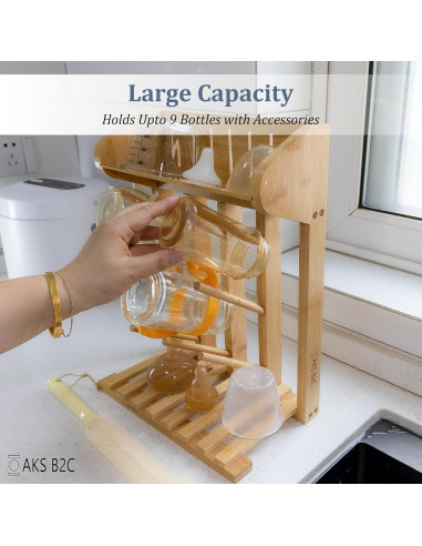 Secador de Botellas de Bebé AKS B2C de Bambú Natural, 9 Botellas