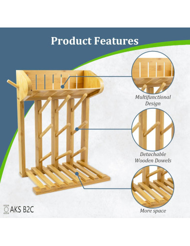 Secador de Botellas de Bebé AKS B2C de Bambú Natural, 9 Botellas