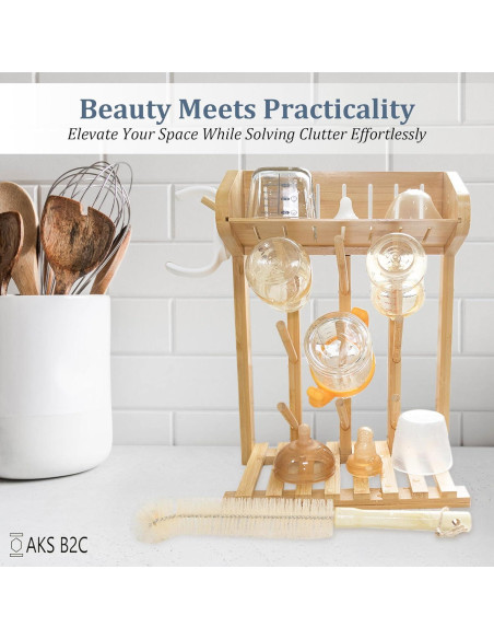 Secador de Botellas de Bebé AKS B2C de Bambú Natural, 9 Botellas