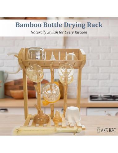 Secador de Botellas de Bebé AKS B2C de Bambú Natural, 9 Botellas