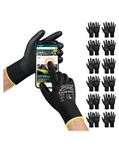 Guantes de Trabajo PTCOL PU Recubiertos - 12 Pares XL Negro