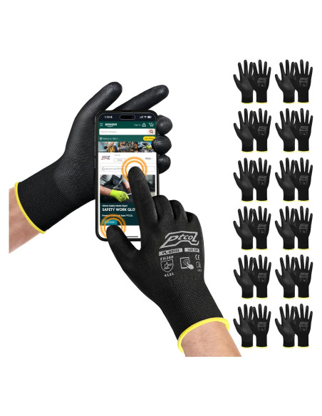 Guantes de Trabajo PTCOL PU Recubiertos - 12 Pares XL Negro