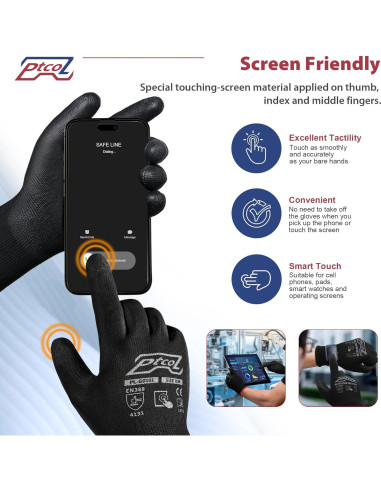 Guantes de Trabajo PTCOL PU Recubiertos - 12 Pares XL Negro