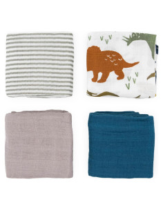 Paquete de 4 Cuadrados de Muselina Algodón Little Unicorn Dinosaurios