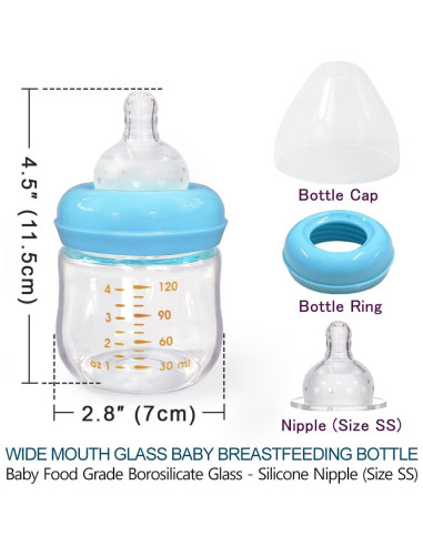 Botella de Vidrio Matyz 120ml Cuello Ancho Azul para Bebés