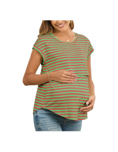 Camisa de Lactancia Rosa Rayas Mangas Cortas Maternidad