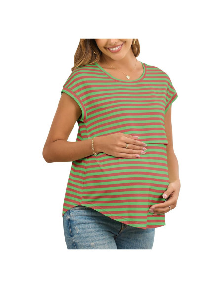Camisa de Lactancia Rosa Rayas Mangas Cortas Maternidad