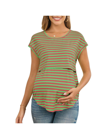 Camisa de Lactancia Rosa Rayas Mangas Cortas Maternidad