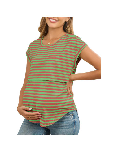 Camisa de Lactancia Rosa Rayas Mangas Cortas Maternidad