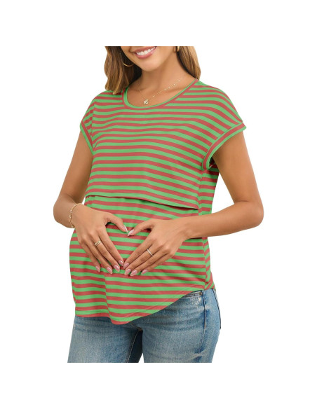 Camisa de Lactancia Rosa Rayas Mangas Cortas Maternidad