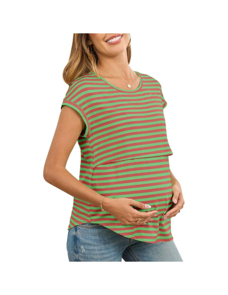 Camisa de Lactancia Rosa Rayas Mangas Cortas Maternidad