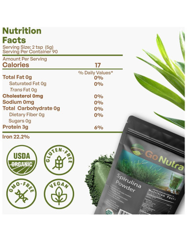 Polvo de Espirulina Orgánica Go Nutra 0.45 kg - Superalimento Vegano