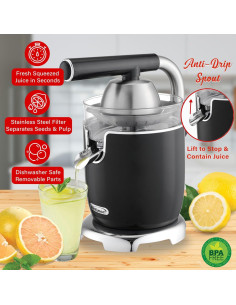 Exprimidor Eléctrico de Cítricos Brentwood 200W Negro Extra Grande 2
