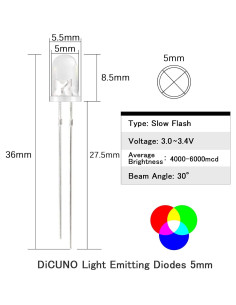 Diodos LED RGB 5mm DiCUNO 100pcs Parpadeo Lento 32g 2