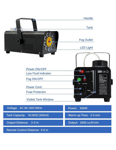 Máquina de Niebla TCFUNDY 500W con 9 Luces LED y Control Remoto