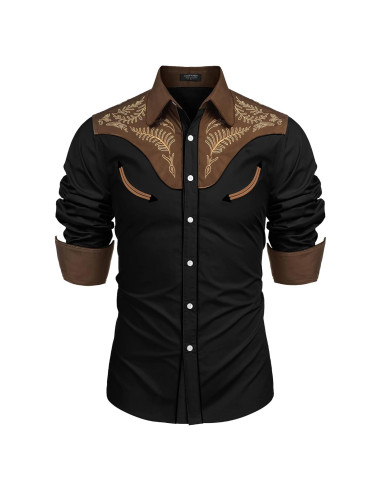 Camisa Vaquera Bordada COOFANDY para Hombre - Algodón Negro y Marrón