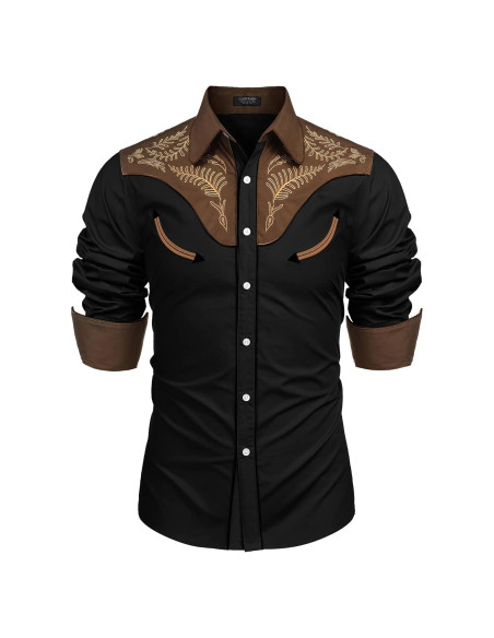 Camisa Vaquera Bordada COOFANDY para Hombre - Algodón Negro y Marrón