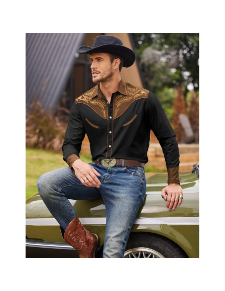 Camisa Vaquera Bordada COOFANDY para Hombre - Algodón Negro y Marrón
