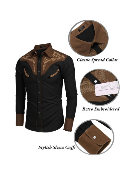 Camisa Vaquera Bordada COOFANDY para Hombre - Algodón Negro y Marrón