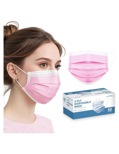 Paquete de 50 Mascarillas Desechables Rosas 3 Capas MEESOUL