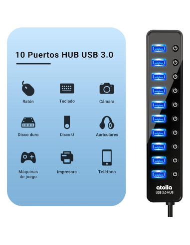 Hub USB 3.0 Alimentado atolla CH-310U3 10 Puertos con Interruptores