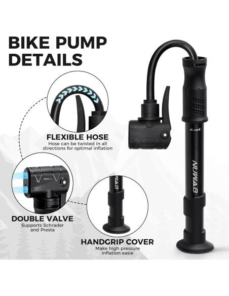 Bomba de Bicicleta Mini NUWAB 25 cm 100 PSI Doble Válvula