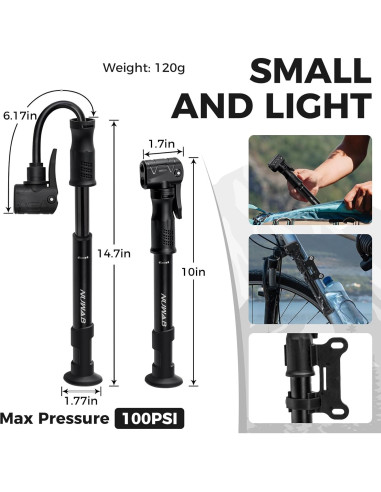 Bomba de Bicicleta Mini NUWAB 25 cm 100 PSI Doble Válvula