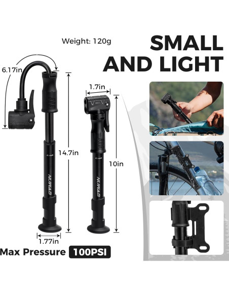 Bomba de Bicicleta Mini NUWAB 25 cm 100 PSI Doble Válvula