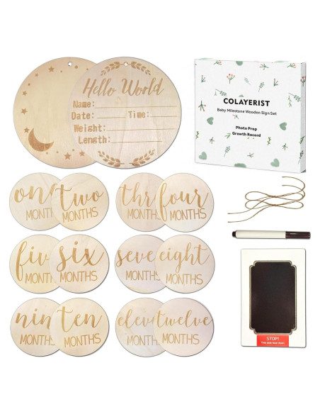 Juego de 12 Señales de Hito Mensual para Bebés - Madera