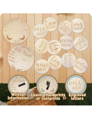 Juego de 12 Señales de Hito Mensual para Bebés - Madera