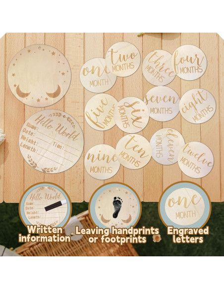 Juego de 12 Señales de Hito Mensual para Bebés - Madera