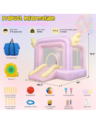 Casa Inflable AKEYDIY Macaron 154.9x154.9x238.8 cm con Tobogán