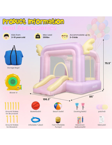 Casa Inflable AKEYDIY Macaron 154.9x154.9x238.8 cm con Tobogán