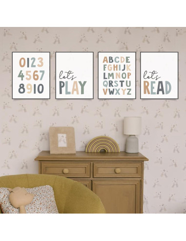 Conjunto de 4 Pósters Educativos PLKMN 20x25 cm Decoración Infantil