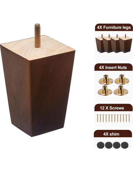 Patas de Madera SHANJUE para Muebles Cuadradas 10.16 cm Set de 4