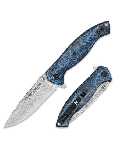 Cuchillo Plegable Damasco YOUSUNLONG - Hoja 8.9 cm, G10 Azul