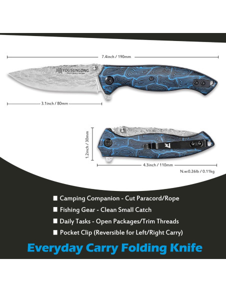 Cuchillo Plegable Damasco YOUSUNLONG - Hoja 8.9 cm, G10 Azul