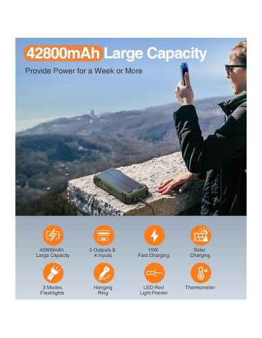 Banco de Energía Solar 42800mAh Cargador Inalámbrico 15W