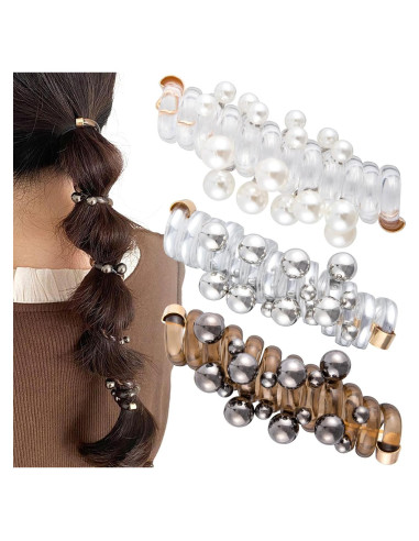 3 Lazos de Pelo Espirales con Perlas SmallCat - Negro, Blanco, Plateado