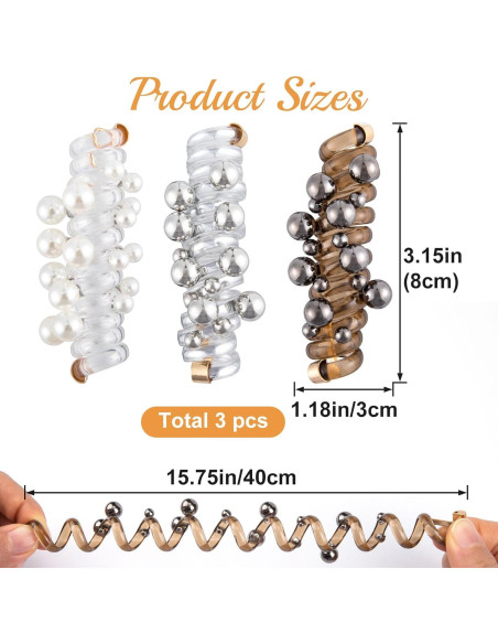 3 Lazos de Pelo Espirales con Perlas SmallCat - Negro, Blanco, Plateado