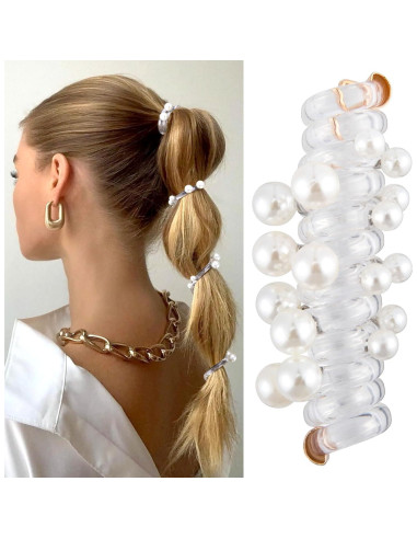 3 Lazos de Pelo Espirales con Perlas SmallCat - Negro, Blanco, Plateado