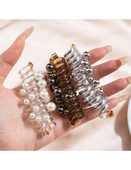 3 Lazos de Pelo Espirales con Perlas SmallCat - Negro, Blanco, Plateado